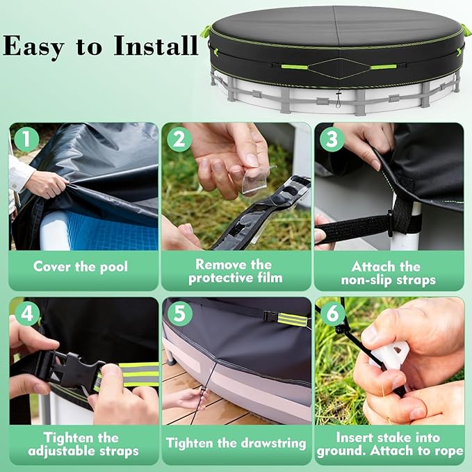 15Ft Round Pool Cover for Above Ground Pools, Safety Solar Pool Covers with Reflective Strips, Rope and Luminous Nails, Upgraded Thicker Oxford, PU Tarp Snug, UV Protected, Windproof, Tear Resistant