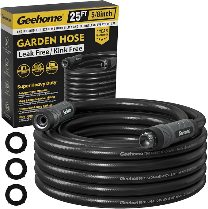 Heavy Duty Garden Hose, 25 ft x 5/8" Polyurethane Water Hose with Swivel Fittings, Flexible, Lightweight, No-Kink, Leakproof, Burst 600 PSI, Black