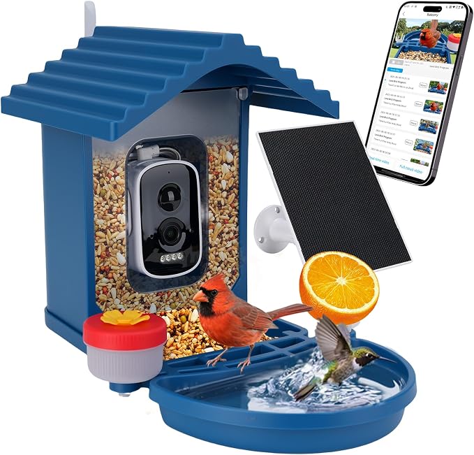 Bird Feeder with Camera Solar Powered,2.5K HD Video Bird House Live View,Smart AI Bird Species Identification for Outside Garden,Birds Bath,Ideal Gift for Birds Lover,Hummingbird (Blue) | Equipped with advanced night vision that captures clear footage ...