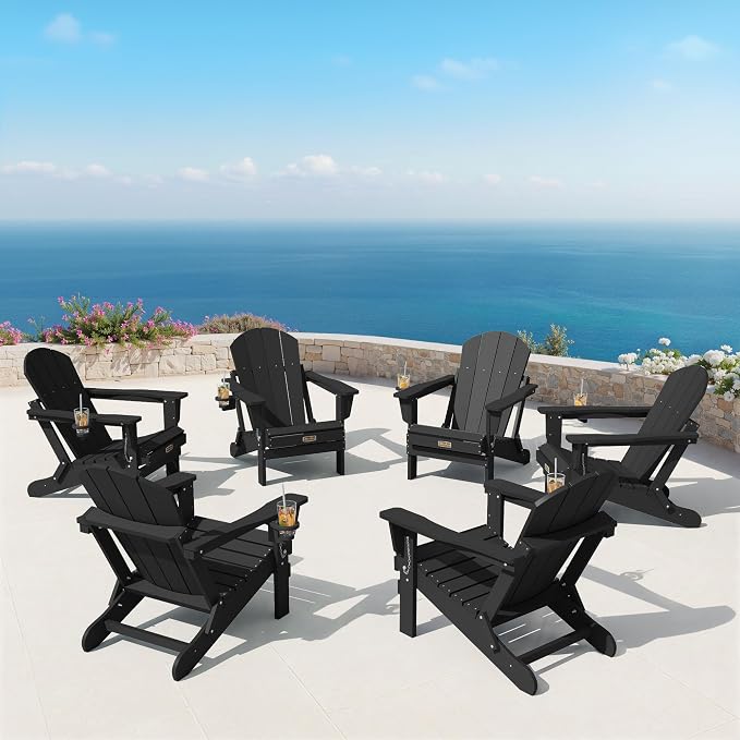 SERWALL Foldable Adirondack Chair with Cup Holder Set of 2, All Weather Adirondack Chairs for Patio Garden Outdoors Fire Pit - Black