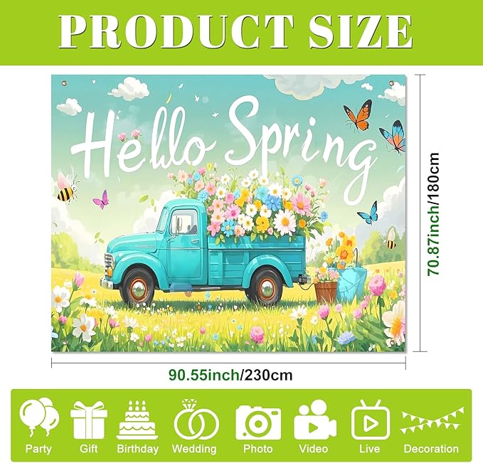 BlissYard Hello Spring Backdrop 8x6ft Flower Truck Photography Background Spring Garden Party Scenic Banner for Easter Celebration Birthday Baby Shower Classroom Photo Booth Decor