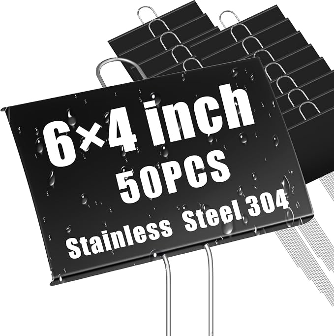 Landhoow 50 Pcs Large Garden Plant Markers Metal Plant Labels Sign 4'' x 6'' with 11'' Stake Weatherproof Waterproof Garden Sign for Outdoor Tree Seedlings Herbs Vegetable Greenhouse, Black