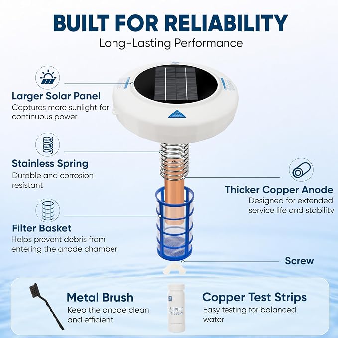 New Upgraded Solar Pool Ionizer for Above Ground & Inground Pools Up to 45,000 Gallons, Floating Solar Pool Cleaner with Copper Anode, Low Maintenance Pool Water Clarifier for Clear Pool Water