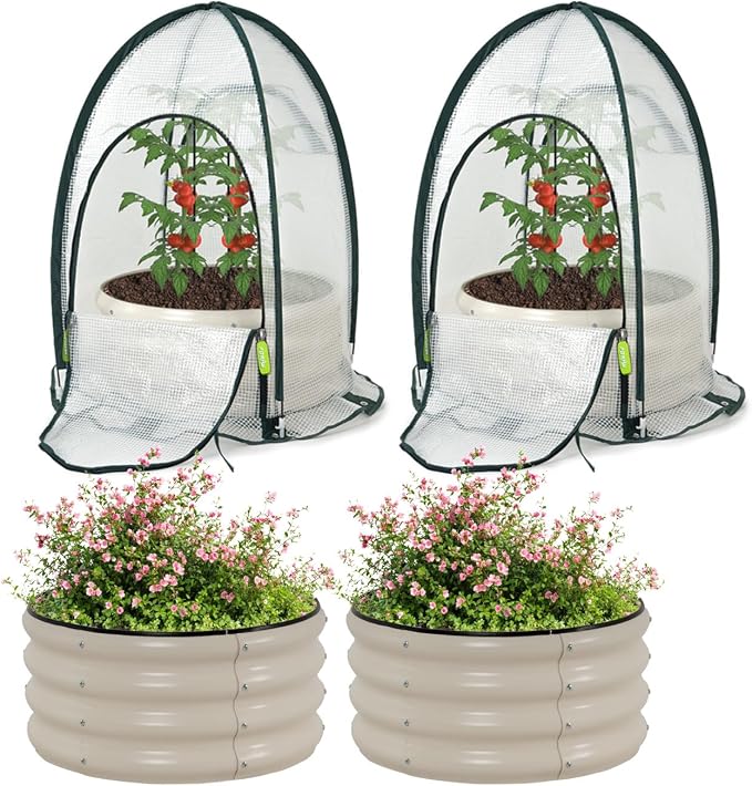 Riased Garden Bed with Greenhouse Cover, Raised Planter Box (2pcs 24in Round Garden Bed &Greenhouse Set)