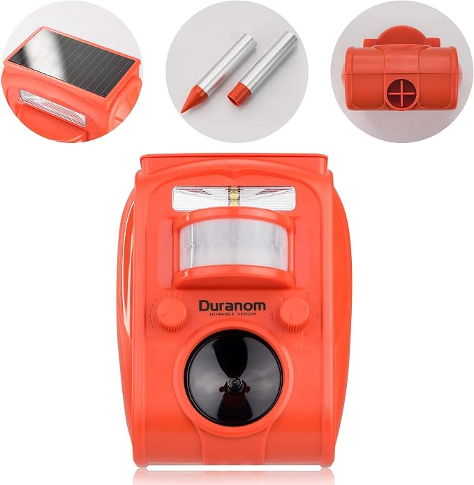 DURANOM Solar Animal Repeller – Ultrasonic & Strobe Motion Sensor Deterrent for Deer, Raccoons, Cats, Dogs – Outdoor Garden Protection, Solar Powered & USB Rechargeable