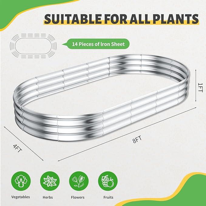 HOOPLE 2 Pack 8x4x1FT Galvanized Raised Garden Bed, Premium Metal Outdoor Planter Box, Oval Large Capacity for Vegetables, Flowers & Deep-Rooted Plants