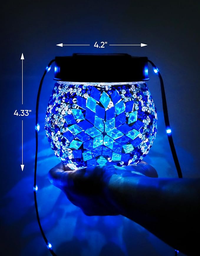 Mosaic Solar Lights Outdoor 4 Pack, Solar Hanging Lanterns Christmas Halloween Gifts for Women Mom Grandma, Waterproof Glass Globe Lights, Garden Patio Decor for Yard, Tree, Balcony, Cold