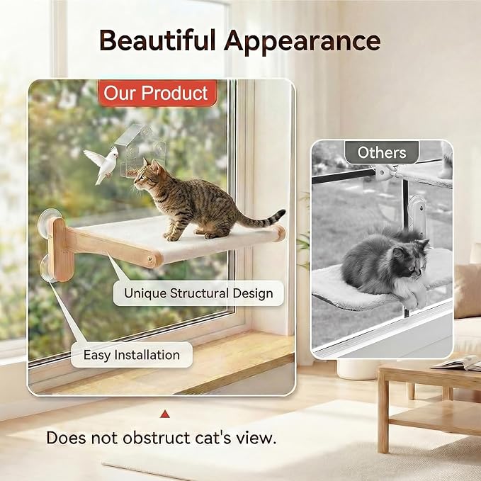 Cat Window Perch with Bird Feeder – Foldable Hammock, Strong Suction Cups for Indoor Cats(Nature)