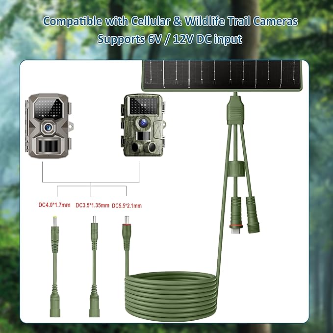 Zivif Solar Panel for Trail Camera, 10W Solar Charger Built-in 10400mAh Rechargeable Battery, 6V/12V Adjustable Output, USB-C & DC Plugs IP66 Waterproof, 360° Adjustable Mount