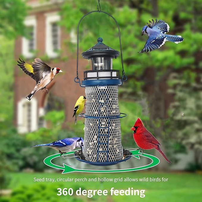 Solar Lighthouse Bird Feeder with Rotating Beacon - 14" Hanging Best Birdfeeder Gifts for Bird Lovers(Space Blue)