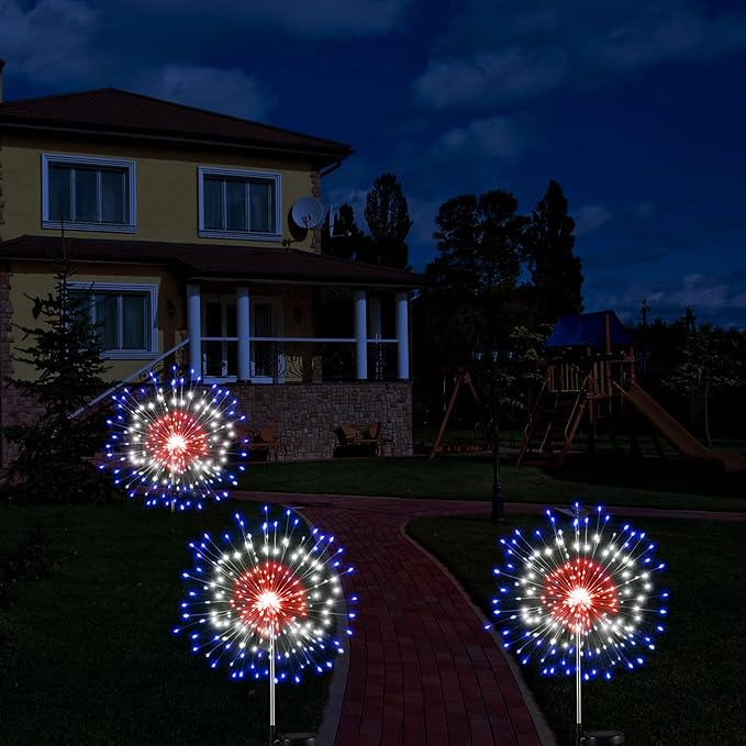 Tujoe 3 Pcs 4th of July Solar Firework Lights Patriotic Solar Light Outdoor Garden 120 LED 8 Modes Waterproof LED Sparkler Light for 250th Anniversary Patio Yard Pathway Walkway (Colorful)