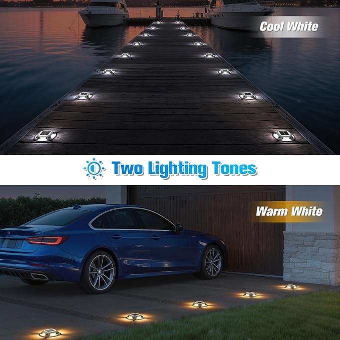 VOLISUN Solar Driveway Lights Dock Deck Lights 12 Pack,2 Colors in 1 Led IP67 Waterproof Outdoor Warning Step Lights for Driveway Sidewalk Pathway (White/Warm White)