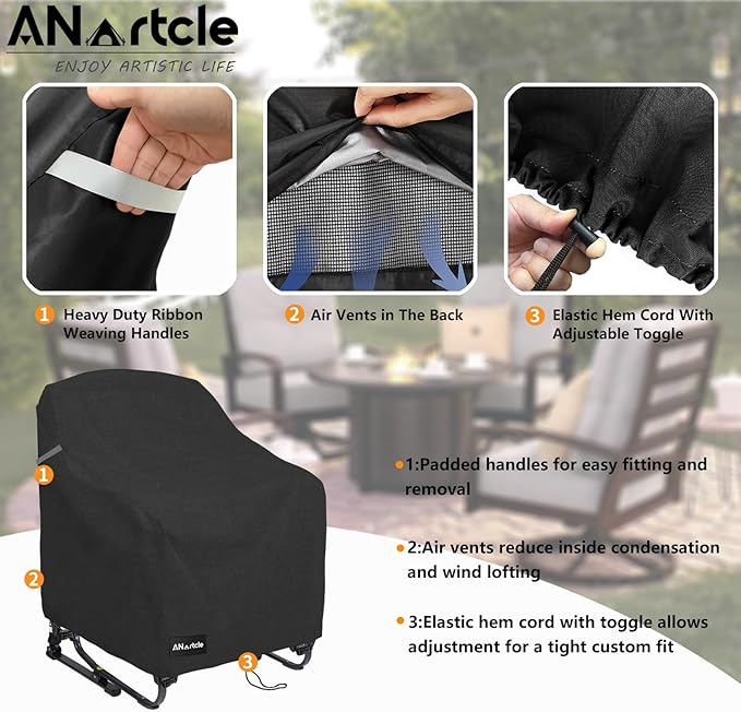 ANartcle Rocking Chair Covers for GCI Outdoor 37072 Chair,Freestyle Rocker Cover,Waterproof Heavy Duty Outdoor Camping Chair Covers, (26 W x 27 D x 34 H inches) Black.