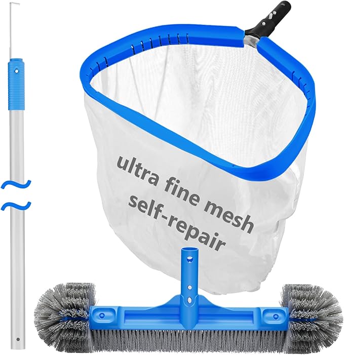TidyMister Pool Cleaning Kit Full Set - 17.5'' Self-Repair Pool Nylon Net Ultra Fine Mesh & 17.5'' Detachable Round End Pool Brush & 10 Ft Pool Pole with Hook, for Above Ground In-ground Pools, Spas