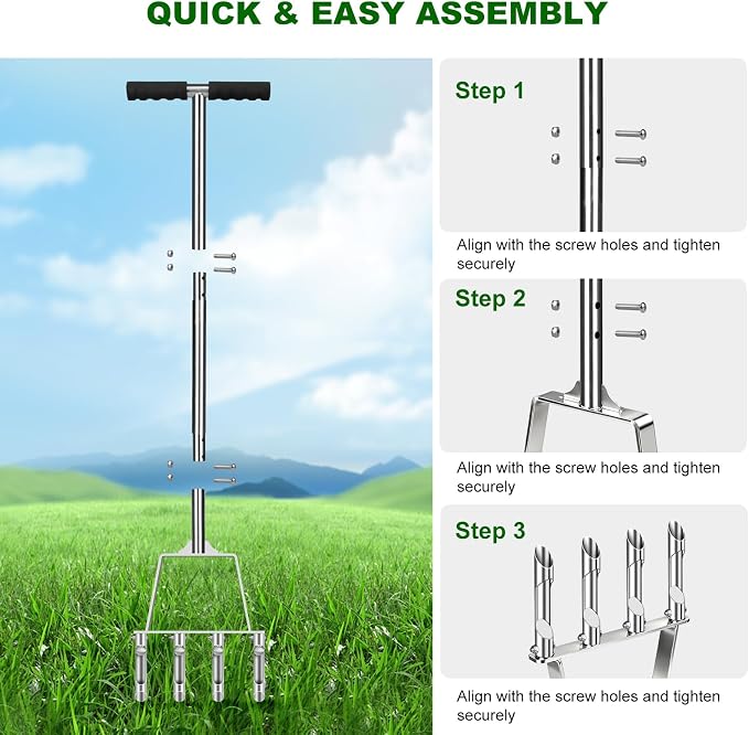 Core Aerator Lawn Tool Manual Lawn Aerator Tool with 4 Hollow Tines Non-Clogging Heavy Duty Plug Aerator for Soil Loosening Lawn Aeration, Revives Lawn Health,Garden Tool