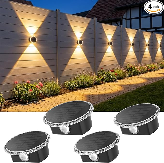 Ellasay Fence Solar Lights: 360° Circular Lighting Solar Powered Wall Lights 12 Hours Long Runtime Up and Down Waterproof IP65 & 3 Modes High Brightness LED Focus Lens for Patio/Yard - 4 Pack