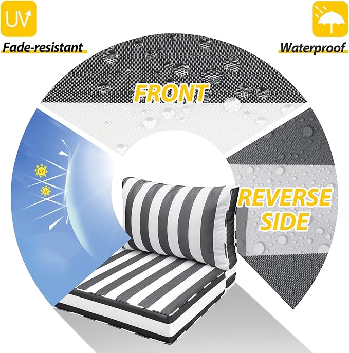 AAAAAcessories Outdoor Seat Cushions for Chairs, Fade-Resistant, Waterproof Patio Furniture Replacement Cushions, 23" x 23" x 5" + 23" x 13.5", Gray Cabana Stripe