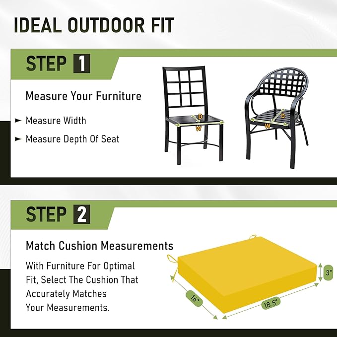 Basic Beyond Outdoor Chair Cushions Set of 4, Square Corner Outdoor Cushions for Patio Furniture, Water Resistant Patio Chair Cushions with 2 Ties, 18.5x16x3, Yellow