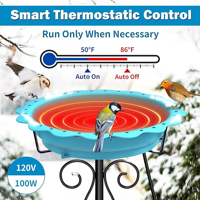 Heated Bird Bath for Outside Winter, Powerful 100W Thermostat Control Heated Bird Baths for Outdoors with 5-Prong Metal Stake, Heated Birdbath Water Heater for Garden Yard Patio Lawn (Blue)