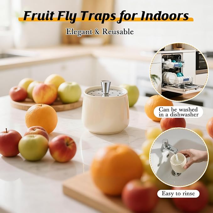 Ceramic Fruit Fly Trap for Indoors, Reusable Kitchen Fly Catcher with Stainless Steel Vent Lid, Uses Safe & Natural Vinegar Bait Trap, Dishwasher Safe, Easy to Use (White,3 Pack)