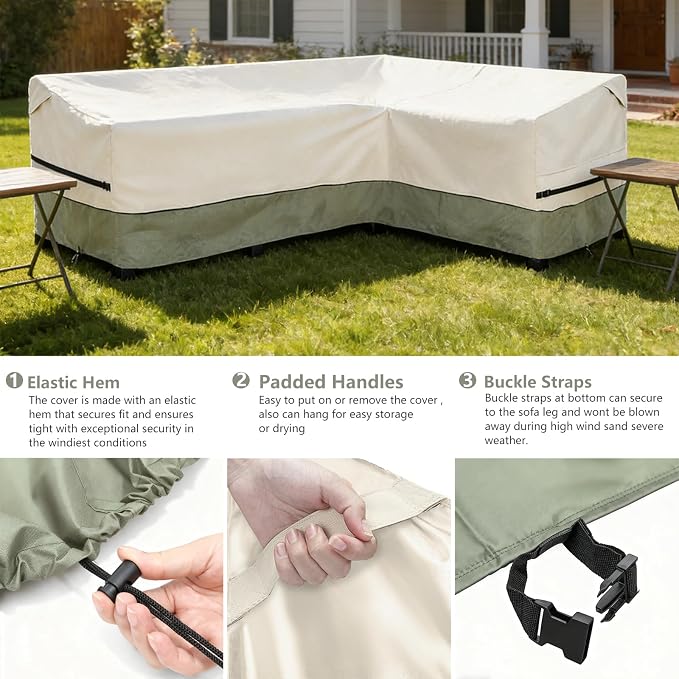 okcool Outdoor Sectional Cover,L-Shaped Patio Furniture Covers for 4-Seater Outdoor Sectional Furniture Couch 85”W (Back Length) x 58”W (Right Side),White&Grayish Green