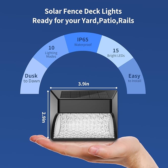 Tadyreal Solar Fence Lights Outdoor Waterproof Ip65, 10 Lighting Modes Fence Lights Solar Powered with 15 Bright Led Lens, Backyard Light Outdoor for Deck Railing Step Pool Patio Wall - 16 Pack