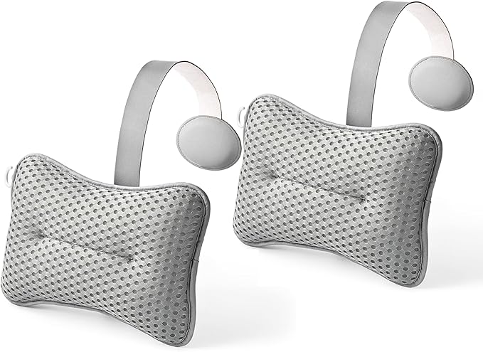 2-Pack Large Pillow for Hot Tub (Grey), Spa, and Chaise Lounge - Universal Headrest & Neck Support Cushion, Adjustable Height with Long Strap, Easy Drying with Hook (2-Pack)