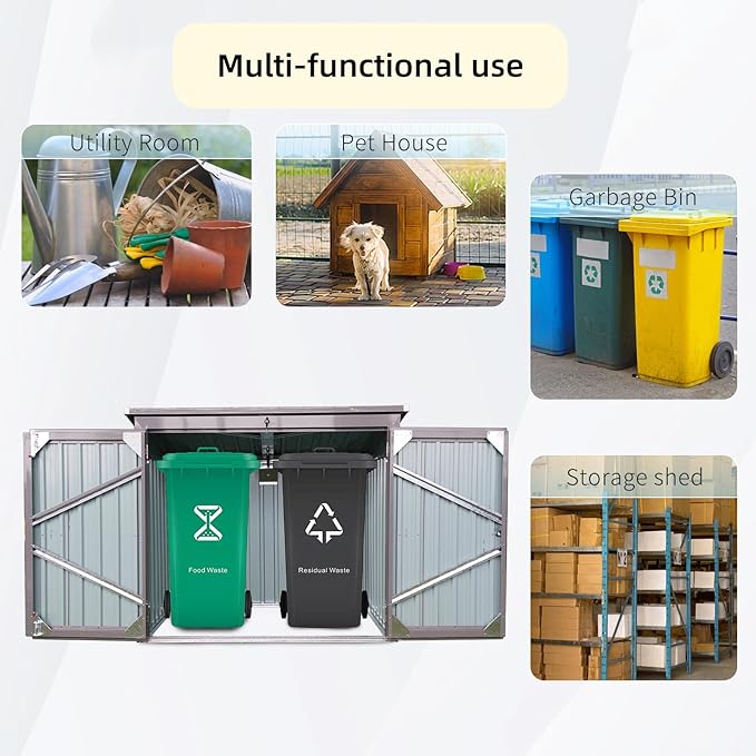 76 Cu.Ft Outdoor Trash Can Storage Shed, Metal Trash Can Storage Bin with Spring Chain Lid for Garbage Storage, Waterproof Storage Shed Stores for 2 Trash Cans, Garden Tools, Gray