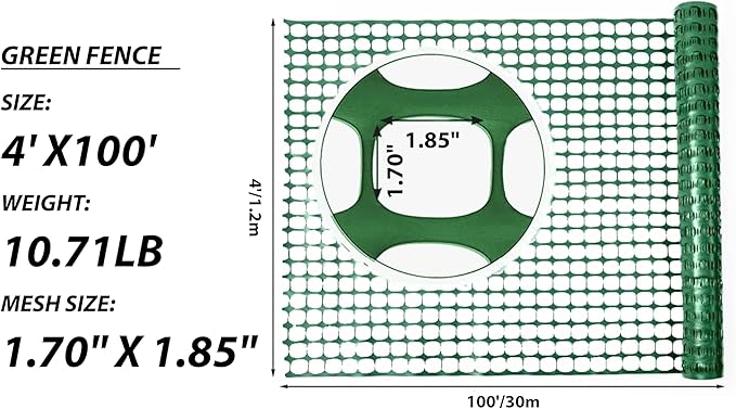 PotatoLife Plastic Mesh Fence Safety Fence, 4'x100' Roll with 100 Zip Ties, Resuable Temporary Netting for Garden Fencing, Construction, Snow Fencing, Animal Barrier, Poultry, Deer, Patio, Green