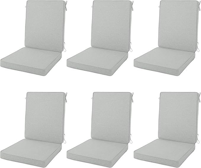 Outdoor Chair Cushions 20x20, Water-Resistant & Fade-Resistant, Patio Furniture Lawn Dining Chair Seat Replacement with High Back, Ties Zipper, Removable Cover, Set of 6, Light Grey