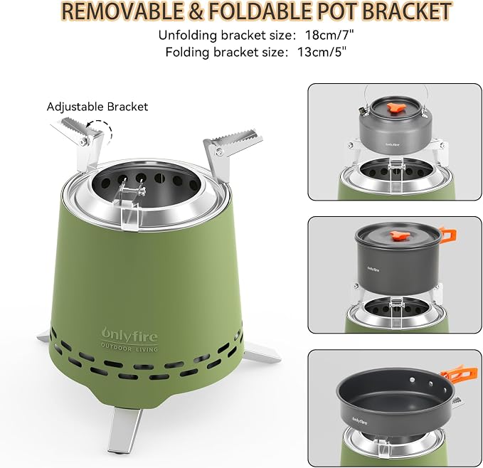 2 in 1 Portable Fire Pit with Pot Bracket & Carry Bag, Camping Stove Smokeless Fireplace for Patio Backyard RV Tailgating, Stainless Steel, Green 9", #FP047