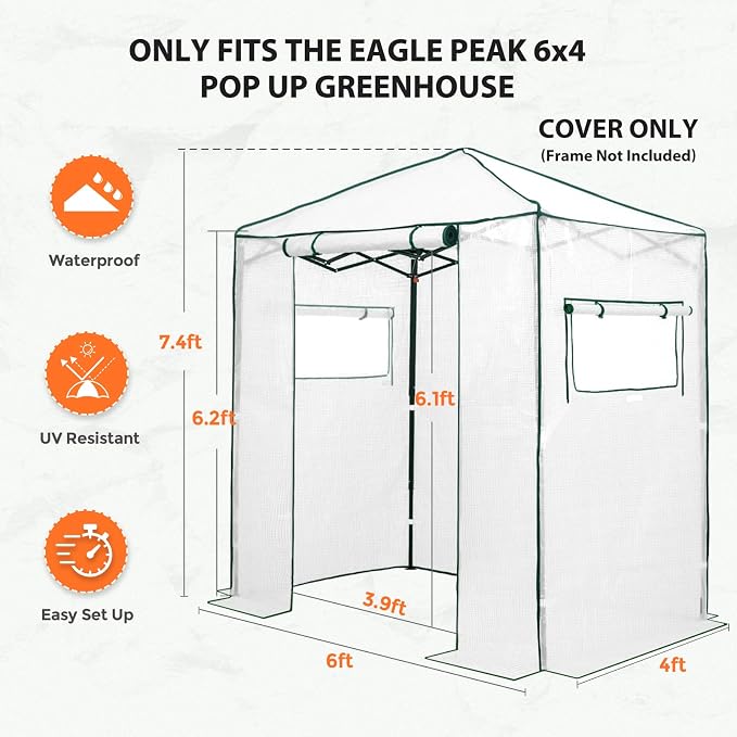 EAGLE PEAK Replacement Cover for 6x4 Portable Walk-in Pop up Greenhouse, Front Roll-Up Zipper Entry Door and 2 Roll-Up Side Windows (Frame Not Included), White