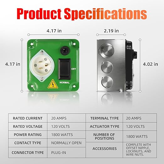 Interruptores de Transferencia para Generadores 20 A 120V,Suitable for Any Generator Type, Neutral generators, and Solar Systems, for Indoor, Outdoor, and RV use (Green)