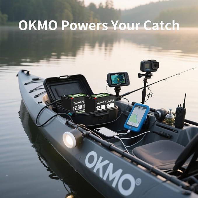 OKMO 12V 15Ah LiFePO4 Lithium Battery 12.8V, 15000+ Deep Cycles rechargeable for Lighting, Kayak Fish Finder, Radio, Backup Power and More