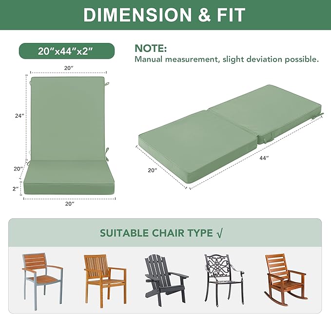 Summsun Patio Dining Chair Cushions 2 Pack, High Back Outdoor Seat Cushion Set with Splash-Proof Removable Covers, Ties, Non-Slip Bottom for Garden Lawn Patio Furniture, 44 x 20 Inch, Sage Green