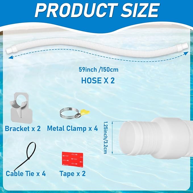2Pack 1.25×59in EVA Pool Professional Hoses with 2026 Upgrade Flexible Tube Head and 2 Brackets for Above Ground Swimming Pools Pump Replacement Vacuum Heavy Duty Hose Pool Supply (White)