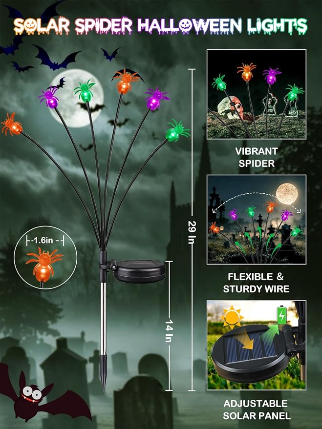 6 Pack Halloween Decorations Outdoor Solar Spider Garden Lights, Purple Orange and Green Scary Spider Swaying Firefly Lights with 2 Modes, Waterproof Halloween Pathway for Yard Garden Party Decor