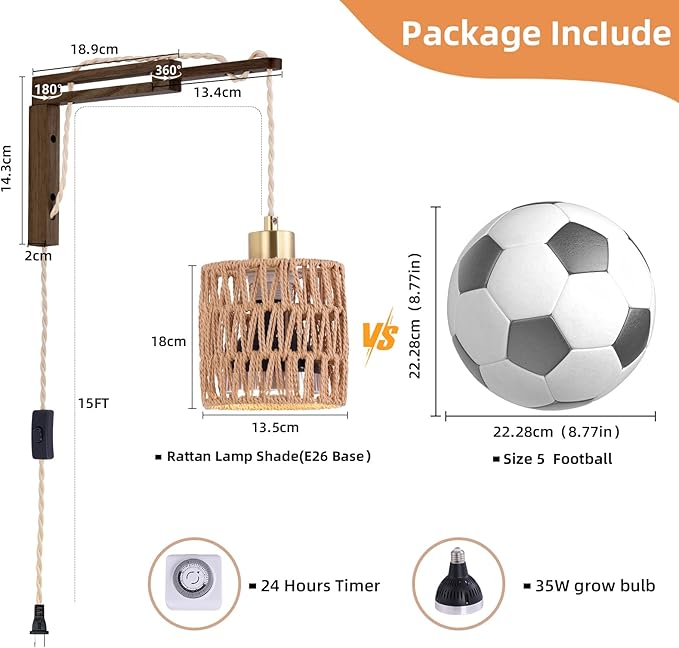 Hanging Grow Lights for Indoor Plants - 35W 4000K Full Spectrum Plant Light, Wall Mounted Grow Light with Wooden Bracket, Timer, 15FT Power Cord, Ideal for Plants, Flowers & Home Decor