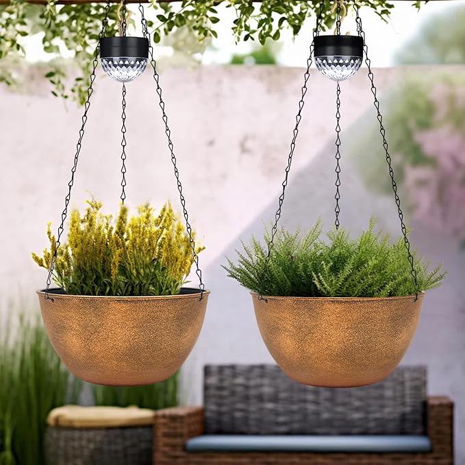 SUNNYPARK 2 Packs Hanging Planters Basket for Outdoor Plants, Solar Powered Self Watering Bronze Round Plastic Flower Pots with Drainer for Balcony Patio Garden Outdoor Decoration