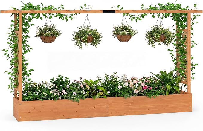 HAPPYGRILL Raised Garden Bed with Trellis, Freestanding 45" Wood Planter Box w/Hanging Roof & 8 Drainage Holes for Vine Climbing Plants Flowers, Outdoor Wood Elevated Garden Bed for Patio Yard, Orange