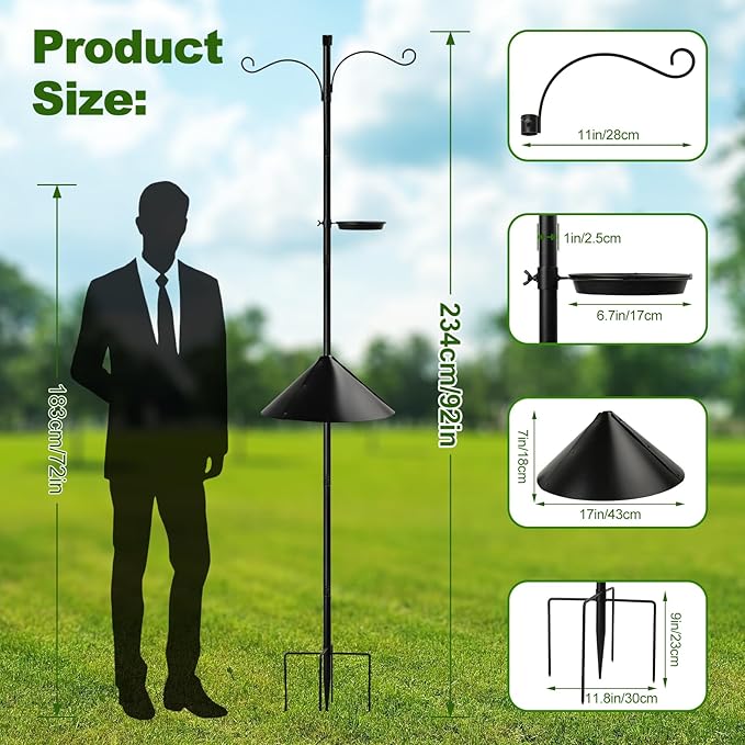 Bird Feeder Pole 92 Inch, Birds Feeding Station Kit with Squirrel Proof Baffle,2 Shepherd Hooks, Birds Water Feeder, Heavy Duty Stand 5-Prong Anchor Feeding Station for Wild Bird Watching.