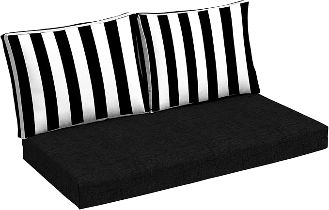 Arden Outdoor Loveseat Cushion Set, 48 x 24, Water Repellent, Fade Resistant, Cushion Set for Couch, Bench, and Swing, Black Cabana Stripe