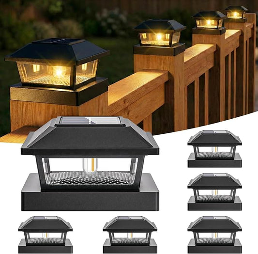 btfarm 4x4 Solar Post Cap Lights, 6 Pack Fence Deck Post Lights Outdoor Solar Powered Waterproof with Edison LED Bulb, Fits 4x4, 3.5x3.5 Wooden & Vinyl Posts for Porch Patio Yard(Warm White, Black)