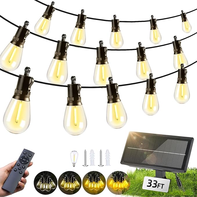 Solar Lights Outdoor Patio Lights: S14 10M 33FT Solar Powered Remote Control 3 Light Modes Dimmable Solar Waterproof Light - Shatterproof Bulbs - Camping Backyard Garden Deck Outside Yard