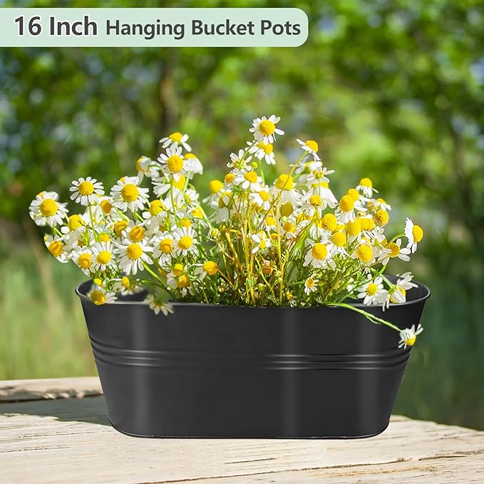 16 Inch 4 PCS Metal Hanging Flower Pots for Railing Fence, Large Railing Planters for Outdoor Plants, Fence Hanging Planters with Detachable Hooks for Garden Balcony