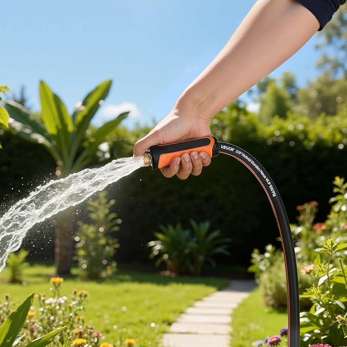 VEVOR Garden Hose, 25 ft 5/8" Heavy Duty 4-Layer Rubber Water Hose, 150PSI Working & 600PSI Burst, Flexible & Non-kink Outdoor Waterhose with 3/4" Fitting, Lightweight Hoses for Gardening Cleaning