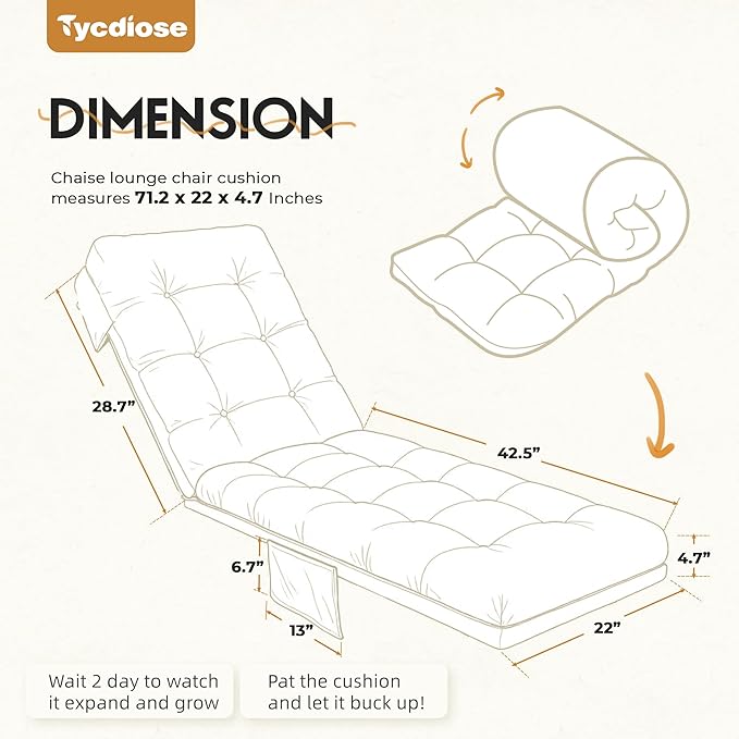 Outdoor Lounge Chair Cushion, Waterproof Replacement Chaise Lounge Cushions for Outdoor Furniture Thickened 71 x 22 x 4.7 Inches Non-Slip Patio Pool Lounge Chair Cushions with Ties (Cream)