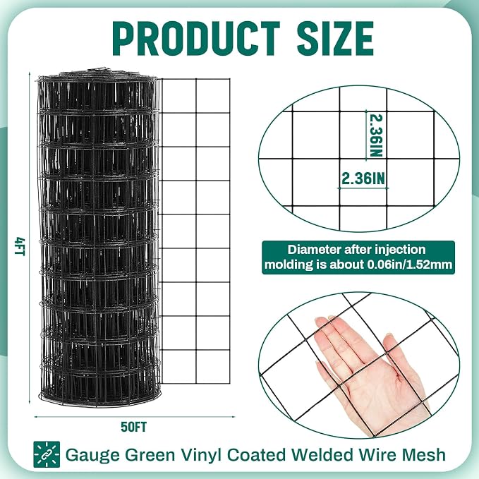 Gisafai 16 Gauge Galvanized Welded Wire Fence 4 ft x 50ft PVC Coated Hardware Cloth, 2.36" x 2.36" Mesh, Heavy Duty Garden Fencing Roll for Chicken, Dog Yard, Deer Cattle & Animal Protection(Black)