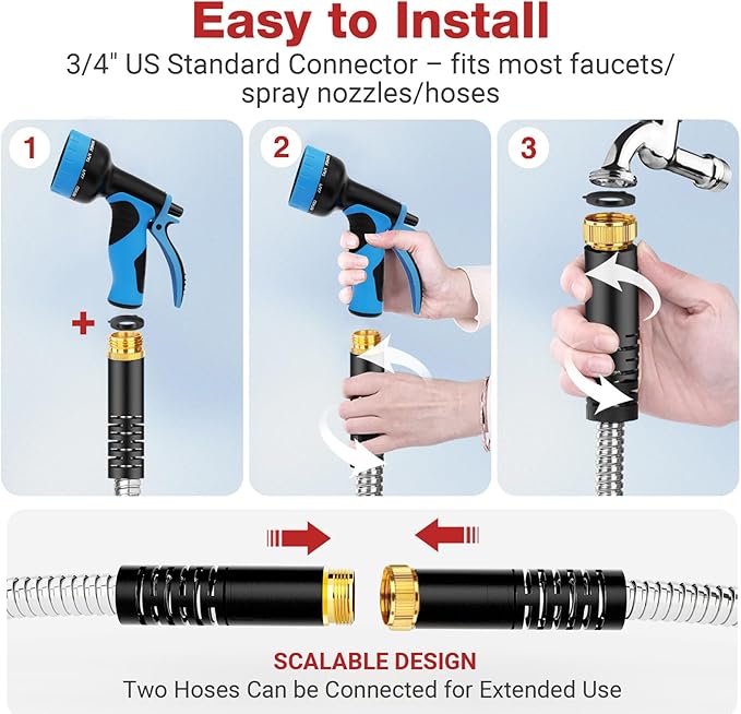 Lefree 50ft Metal Garden Hose - Heavy Duty 304 Stainless Steel Flexible Water Hose, No Kinks & Leak-Proof with Upgraded Handle, 10-Function Spray Nozzle for Balcony, Patio, Small Yard, Car Wash