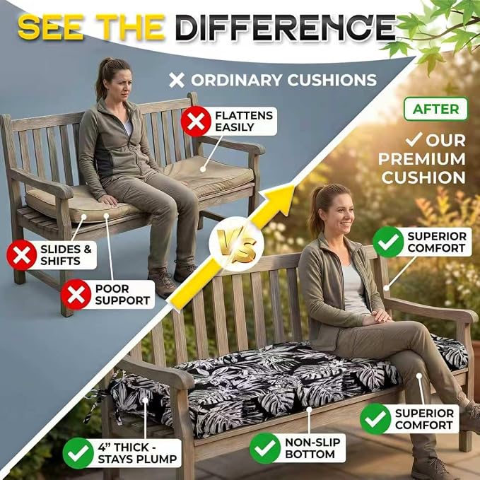 Outdoor Bench Cushion, Tufted Patio Seat Pad for Garden Bench, Porch Swing, Indoor/Outoor Furniture (Black White Leaf, 48X18X4 inch)